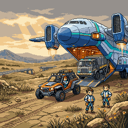 A cargo carrier deploying vehicles into an open frontier wasteland